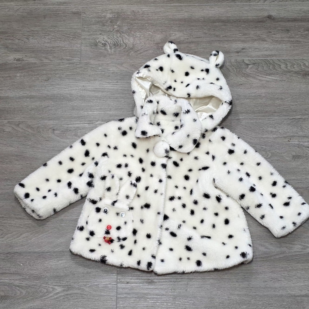 Vintage Faux Fur Spotted Coat Removable Hood Toddler 2T-3T Bunny Pocket